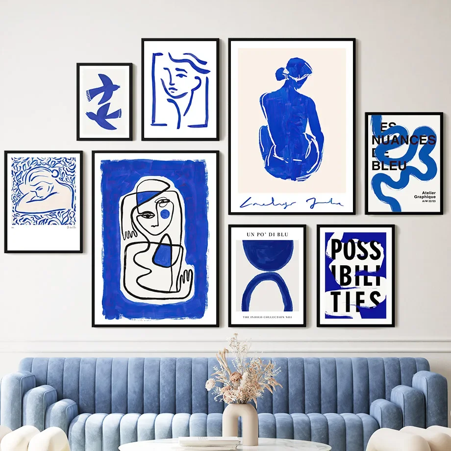 Wall Art Mural Print Canvas Pictures Blue Girl Body Pigeons Line Minimalist Abstract Living Room Home Decoration Painting Poster