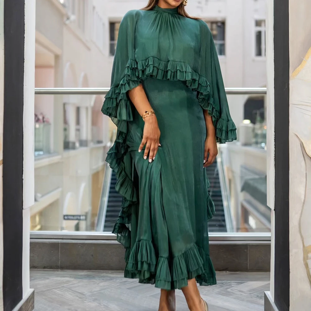 Customized A-line Evening Dresses Ankle-length High-neck Sleeveless Prom Gown Fashion Stole Ruched Simple Draped Party Gown