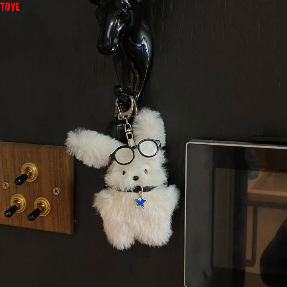 Maltese Wear Glasses Plush Pilot Rabbit Doll Key Chain Key Ring Cartoon Design Long Ear Dog Key Ring Pendant Bag Charms