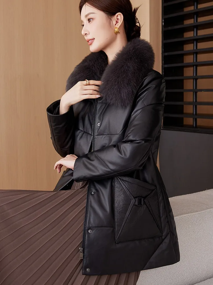 冬カジュアルレディース本革ダウンコートフォックスファーターンダウンカラーシープスキンコート厚く暖かいジッパー女性ジャケットアウター