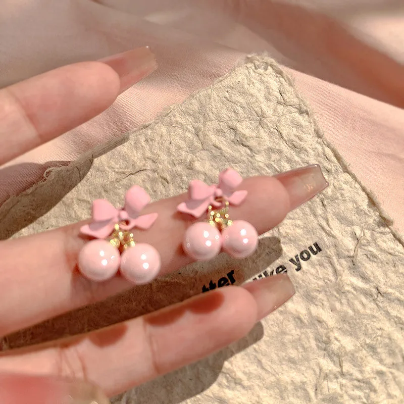 2024 Korean Sweet Pink Bow Earrings for Women Girls Fashion Design Personality Round Bead Drop Earring Jewelry Gifts Wholesale