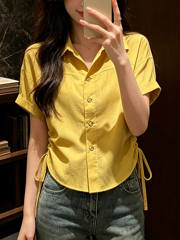

Loose Women's Shirt Summer New Style Drawstring Design Short Sleeve Slimming Top Breathable Korean Style Casual Fashion