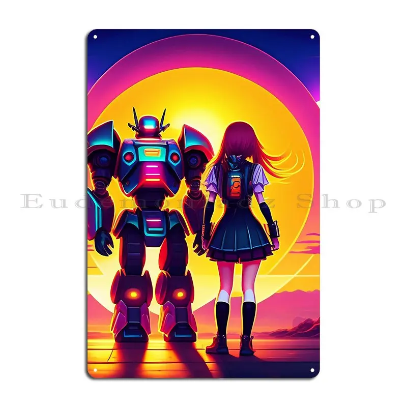 Girl With Transformer Cyberpunk Retro Synth Wave Ai Art Metal Plaque Poster Kitchen Vintage Rusty Club Create Tin Sign Poster