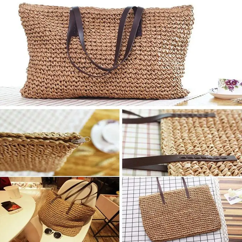 Bolsos de mano de paja tejida a mano para mujer, bolso de playa Vintage, cesta de mimbre, bolso de hombro de vacaciones con cremallera para niñas, Verano