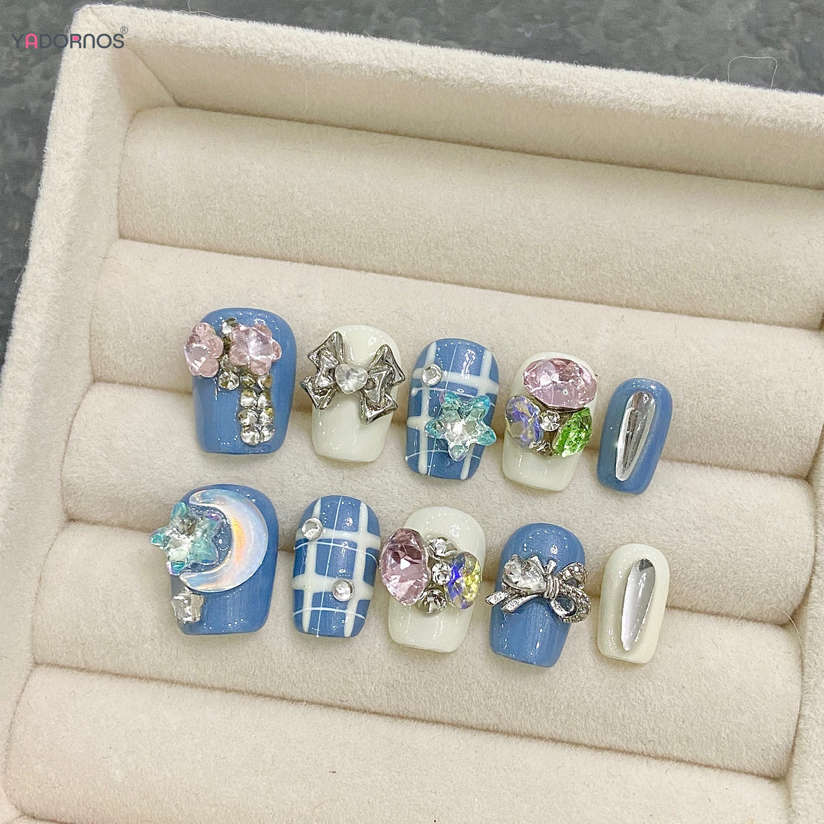 

10Pcs Blue White Handmade Press on Nails Short Square Fake Nails 3D Bowknot Moon Star Designs Wearable Manicure Nails Tips