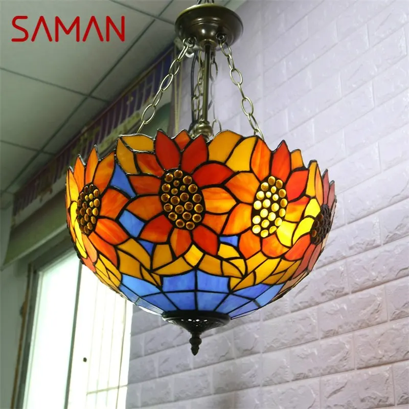 SAMAN Tiffany Pendant Light Contemporary LED Sunflower Figure Lamp Fixtures For Home Dining Room