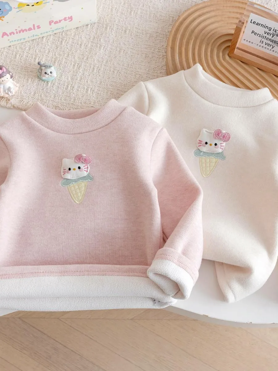 

Girls Long Sve Fce Lined T-irt Warm Cartoon KT Design Sweet Sle Base Layer irt for Winter Season Kids Faion