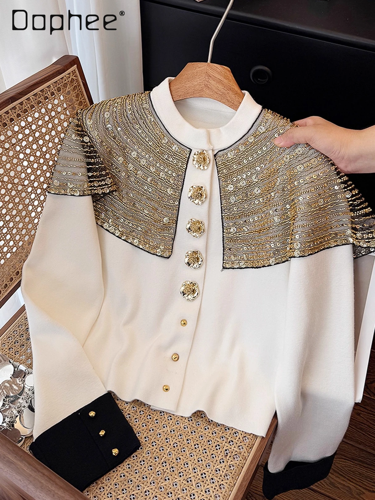 

Heavy Craft Shawl Sequin Patchwork Floral Button Knitted Cardigan for Women French Style Fashion Color-Block Round Neck Coat Top