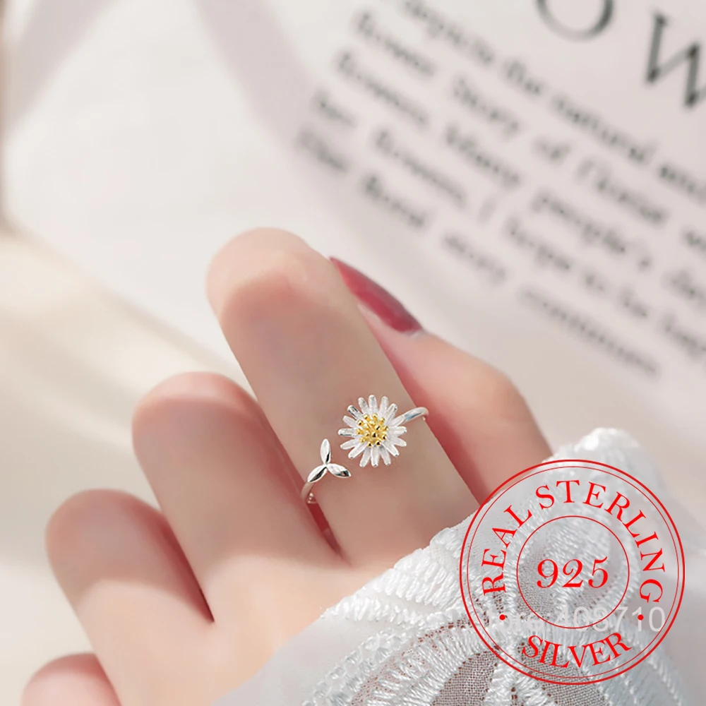 Luxury 925 Sterling Silver Summer Flower Cute Daisy Adjustable Finger Rings For Women Money 925 Wedding Party Jewelry Gift