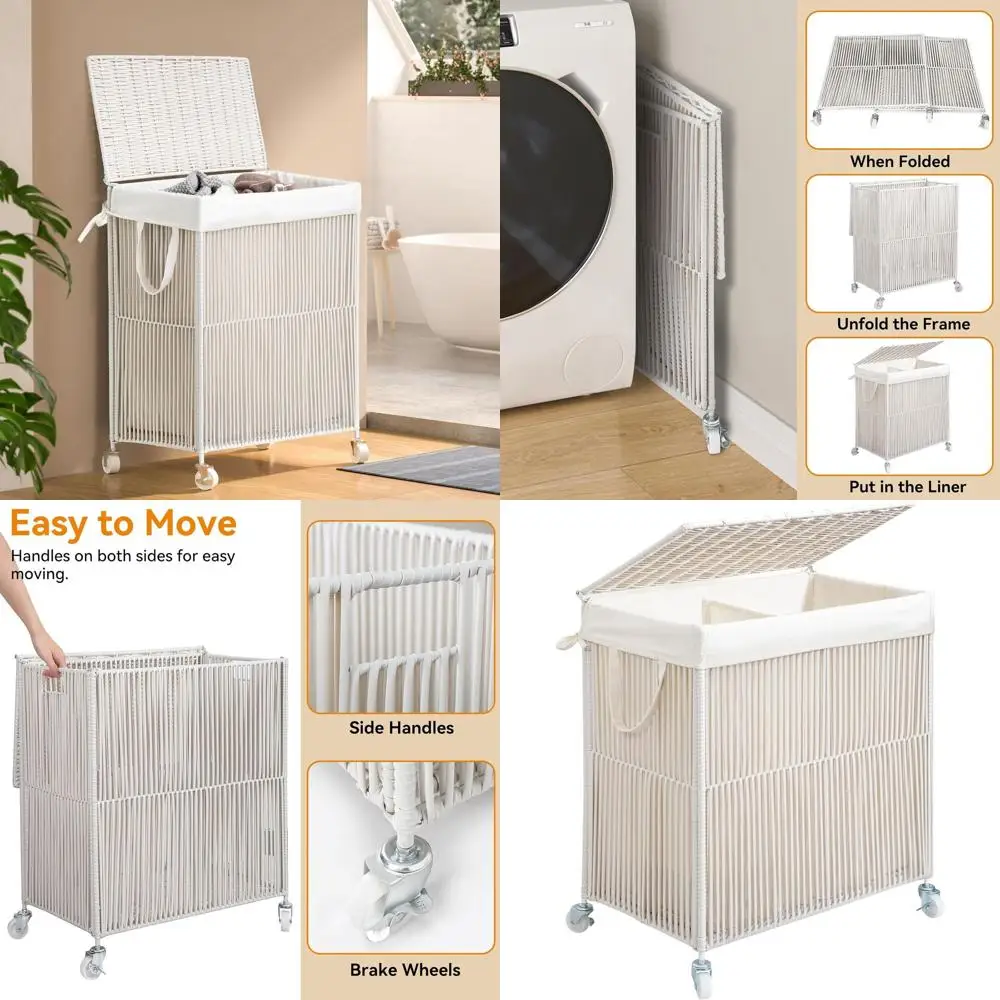 

Плетеная корзина для белья на колесиках с крышкой и съемным мешком-вкладышем, 115 л, большая, для организации прачечной, кремовая