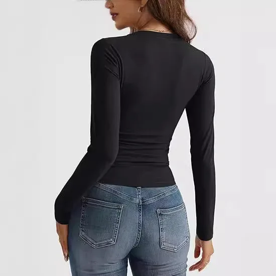 تي شيرت نسائي V-Ne Long Sve Base irt European Sle Slim Fit لون نقي بدون علامة تجارية مسجلة #4