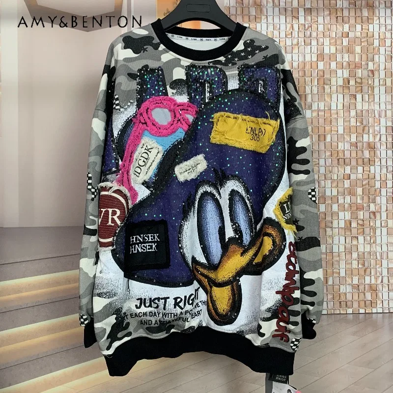 

Trendy Brand Autumn Winter Fleece Heavy Camouflage Sweatshirt Cartoon Fashion Mid-Length Loose Round Neck Hoodies Y2k Clothes
