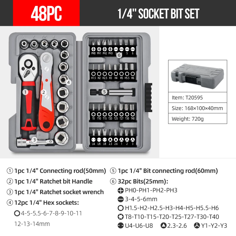 Set peralatan soket 48 buah dengan kotak soket, obeng silang dan obeng listrik