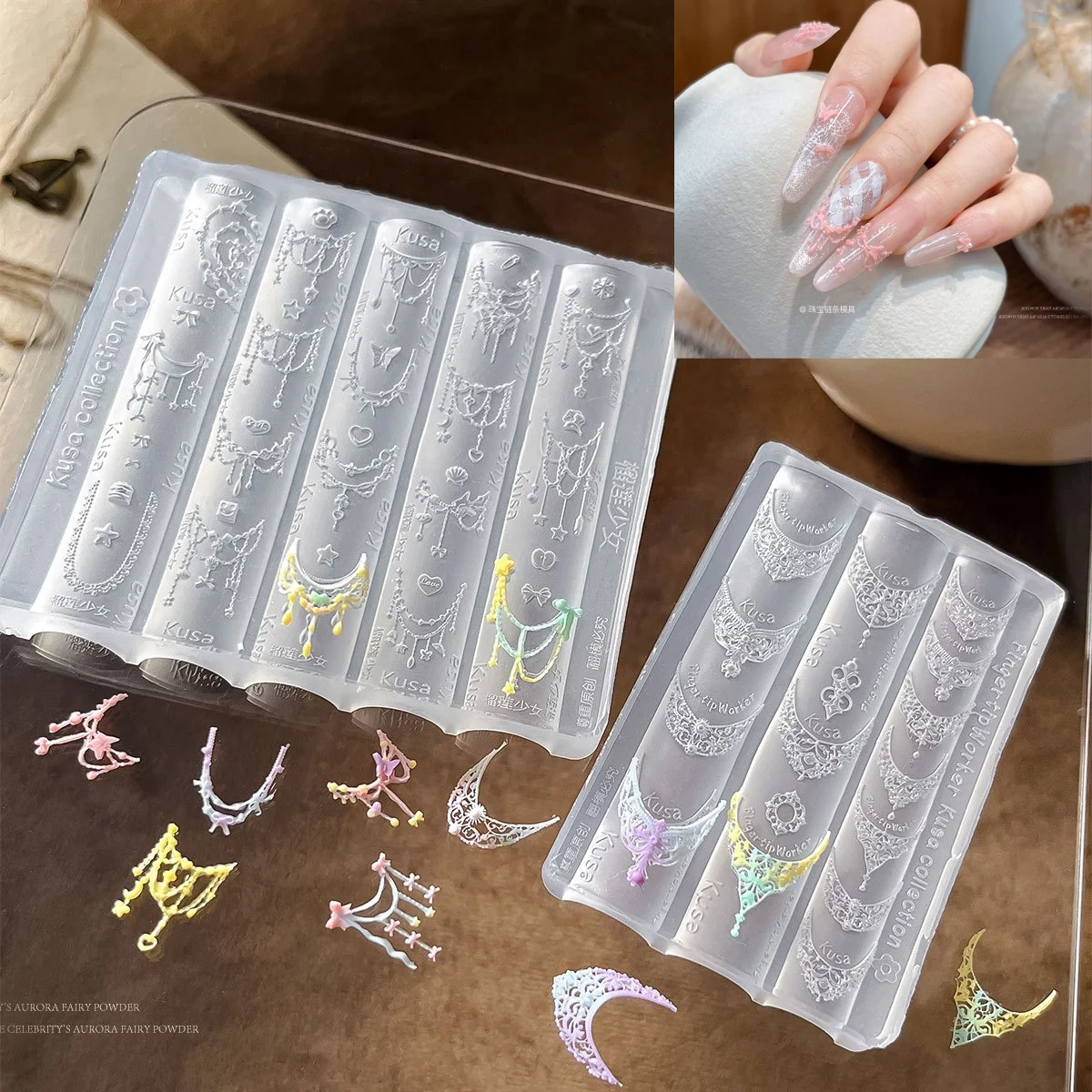 

1pc 3D Clear Jewelry French Beaded Bow Shell Chain Silicone Nail Molds Template Stencils Reusable Manicure Carved Mould Tools