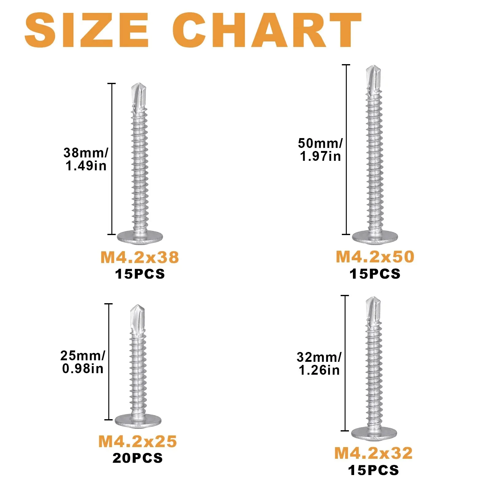 410 Stainless Steel Frame Head Tapping TEK Screws, 65PCS # 8 Self-Drilling Screws Metal / Furniture Length With 25/32/38/50mm