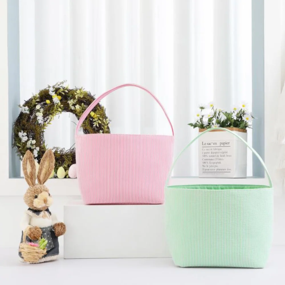 20pcs Wholesale Easter Bunny Basket Candy Color Tote Bag With Single Handle Seersucker Easter Bucket Huge Storage Easter Gift