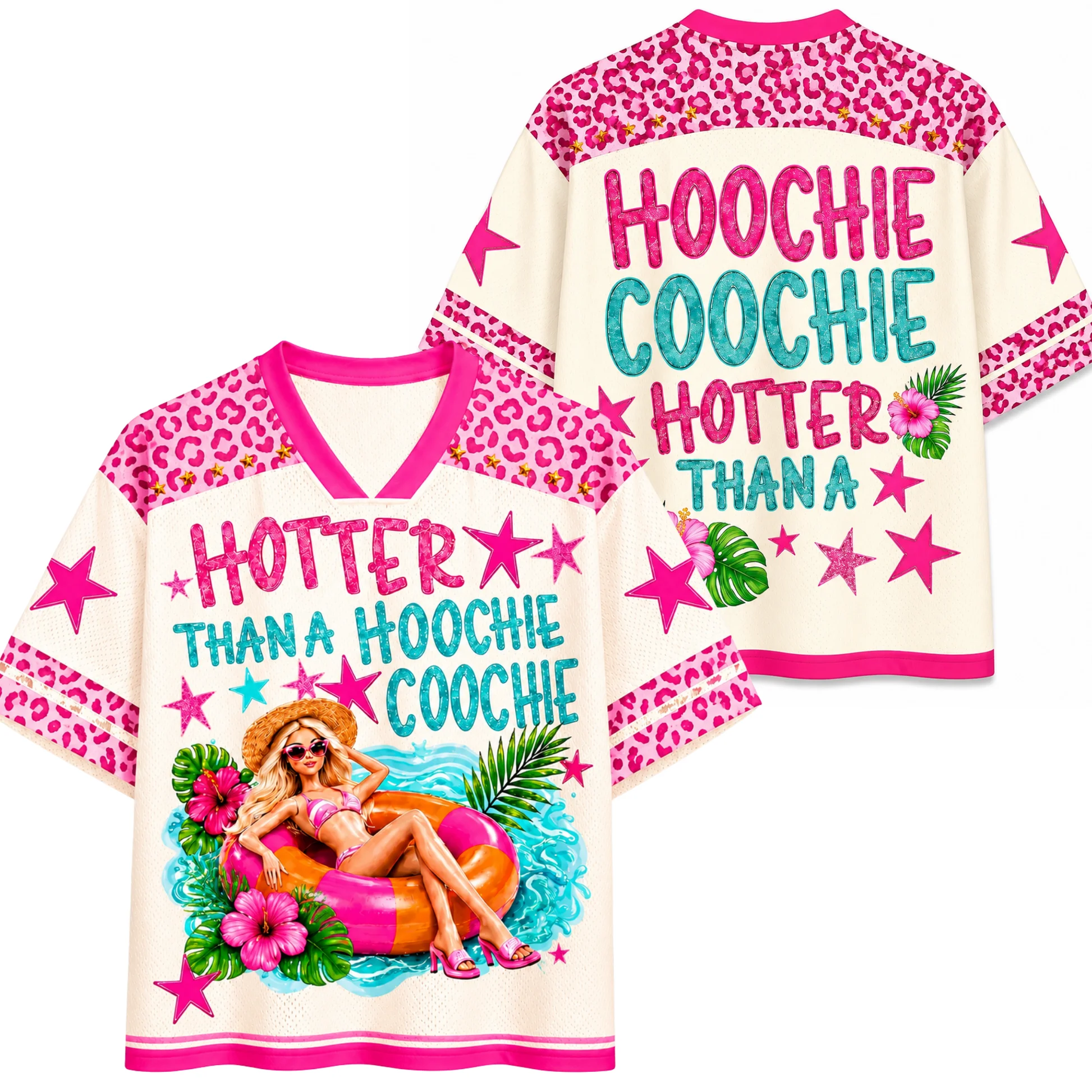 Summer Vacation Leopard Print Fashion Doll Tropical Floral Star Slogan VNeck Jersey Pink Trim Casual Beach Streetwear Sports Top
