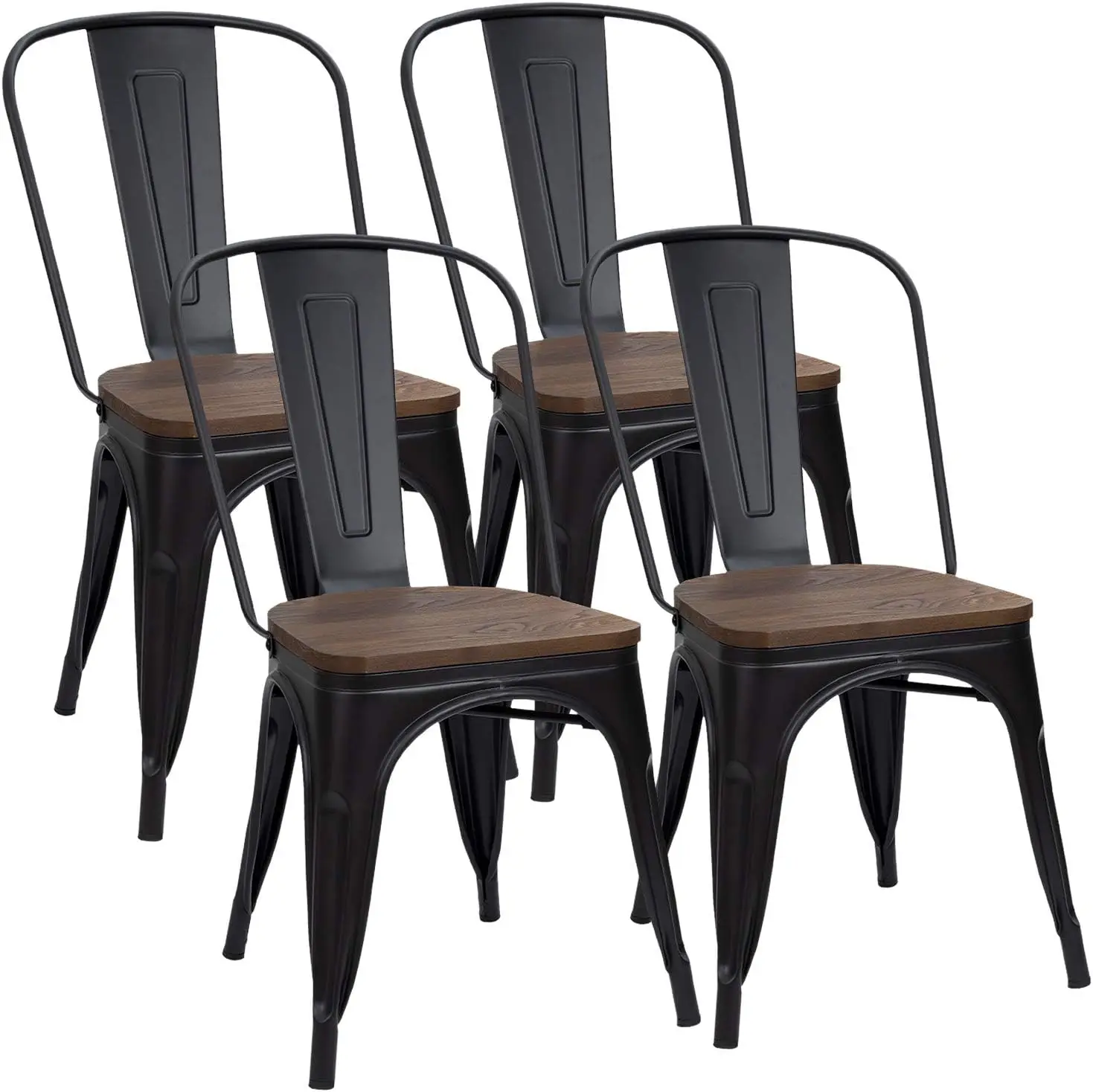 

Metal Dining Chairs with Wood Seat, Indoor-Outdoor Use Stackable Chic Dining Bistro Cafe Side Metal Chairs Set of 4(Black)