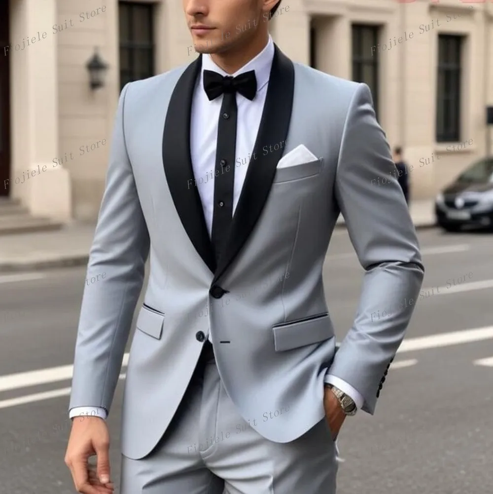 

New Black Lapel Grey Business Men Suit Wedding Party Prom Groom Groomsman Formal Occasions Male Tuxedos 2 Piece Set Blazer Pants