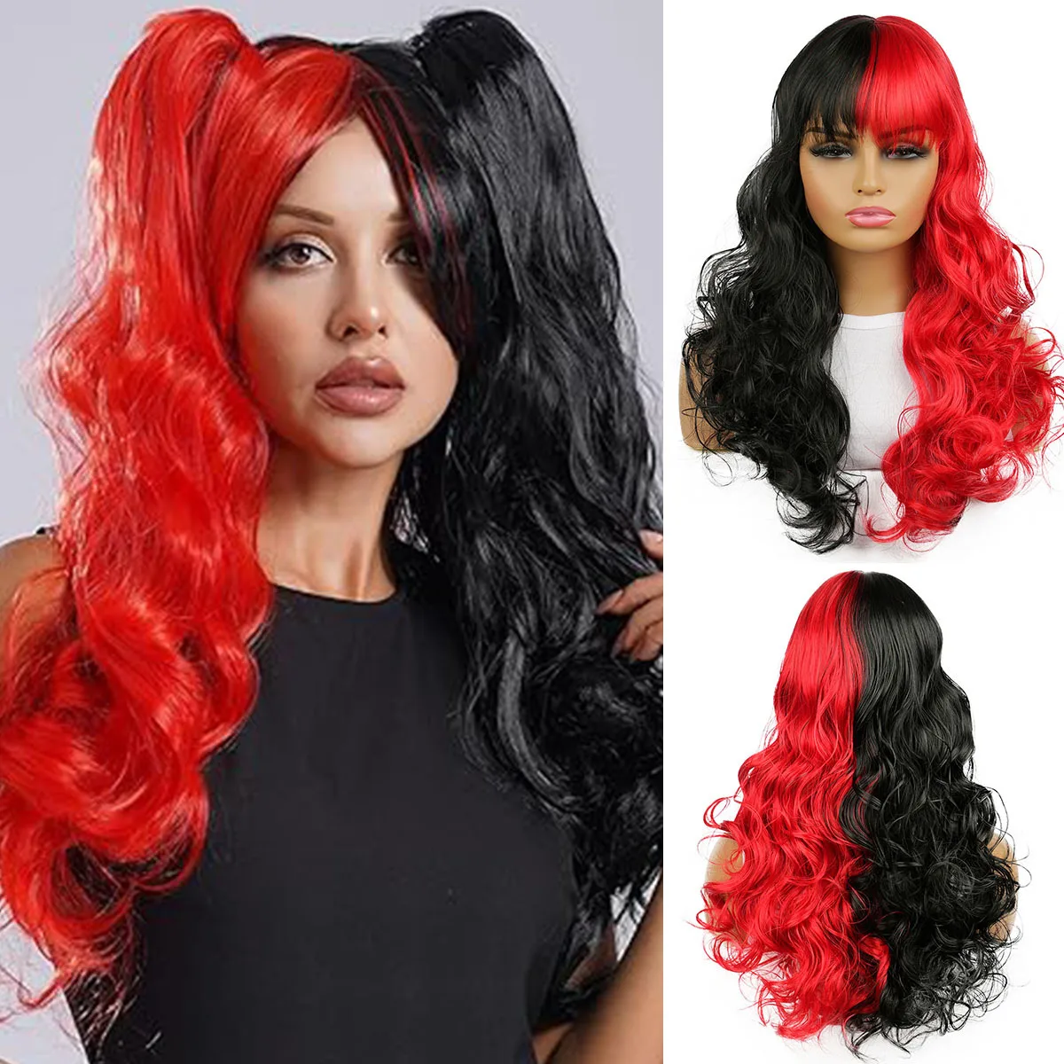 

Cosplay Wig Half Red and Black Wigs With Bangs Long Curly Wavy Hair Natural Synthetic Wigs Heat Resistant Halloween Wig Cosplay
