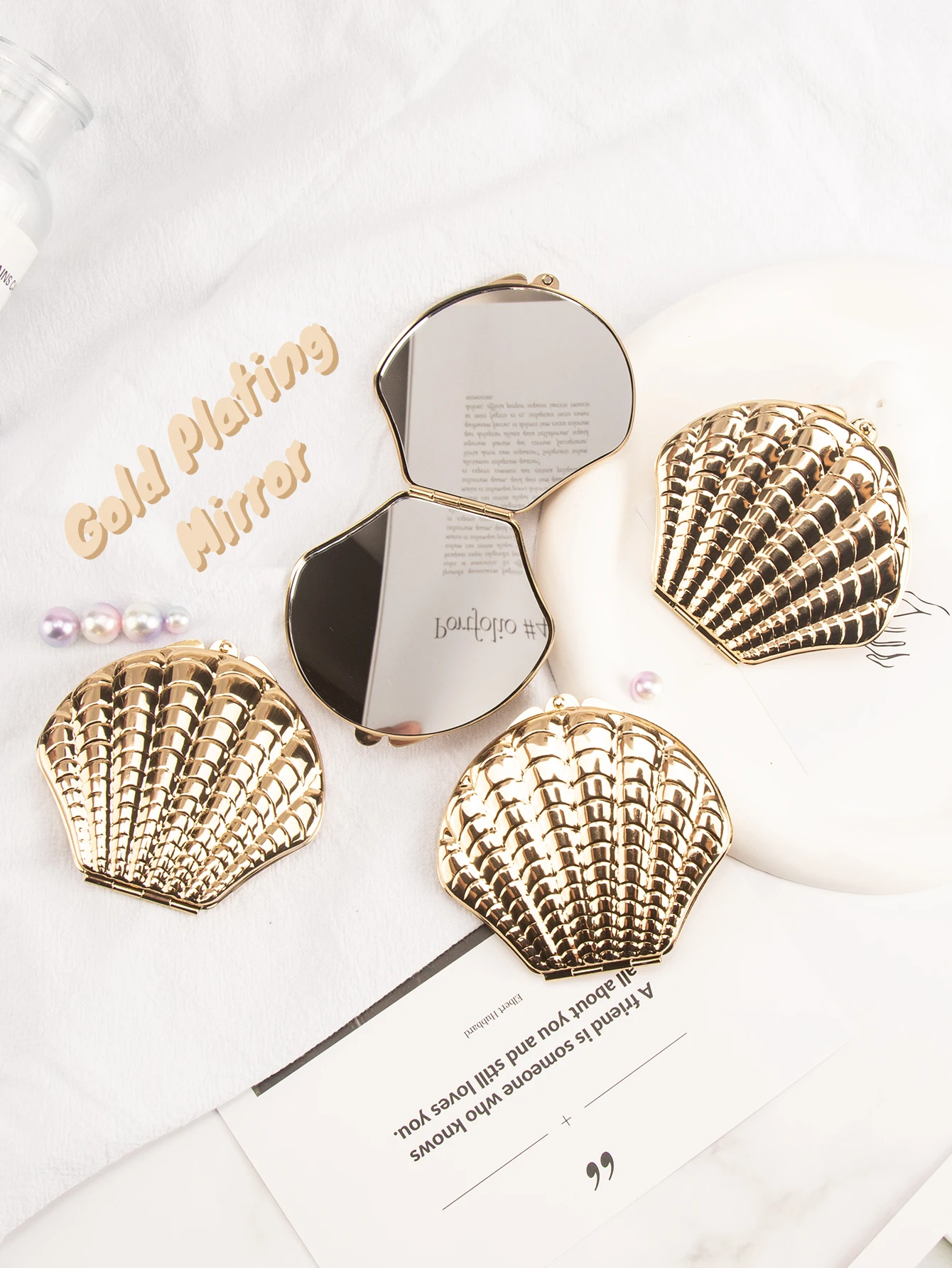 10PCS Golden Seashell dubbelzijdige handspiegelset - draagbare make-upspiegel met gratis witte geschenkdoos voor make-up reizen naar huis