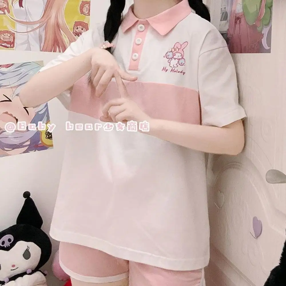 Kawaii My Melody Koszulka z krótkim rękawem Sanrio Kuromi Cinnamoroll Anime Letnia koszulka polo Top Nowy japoński styl Dziewczyna Luźny Casual