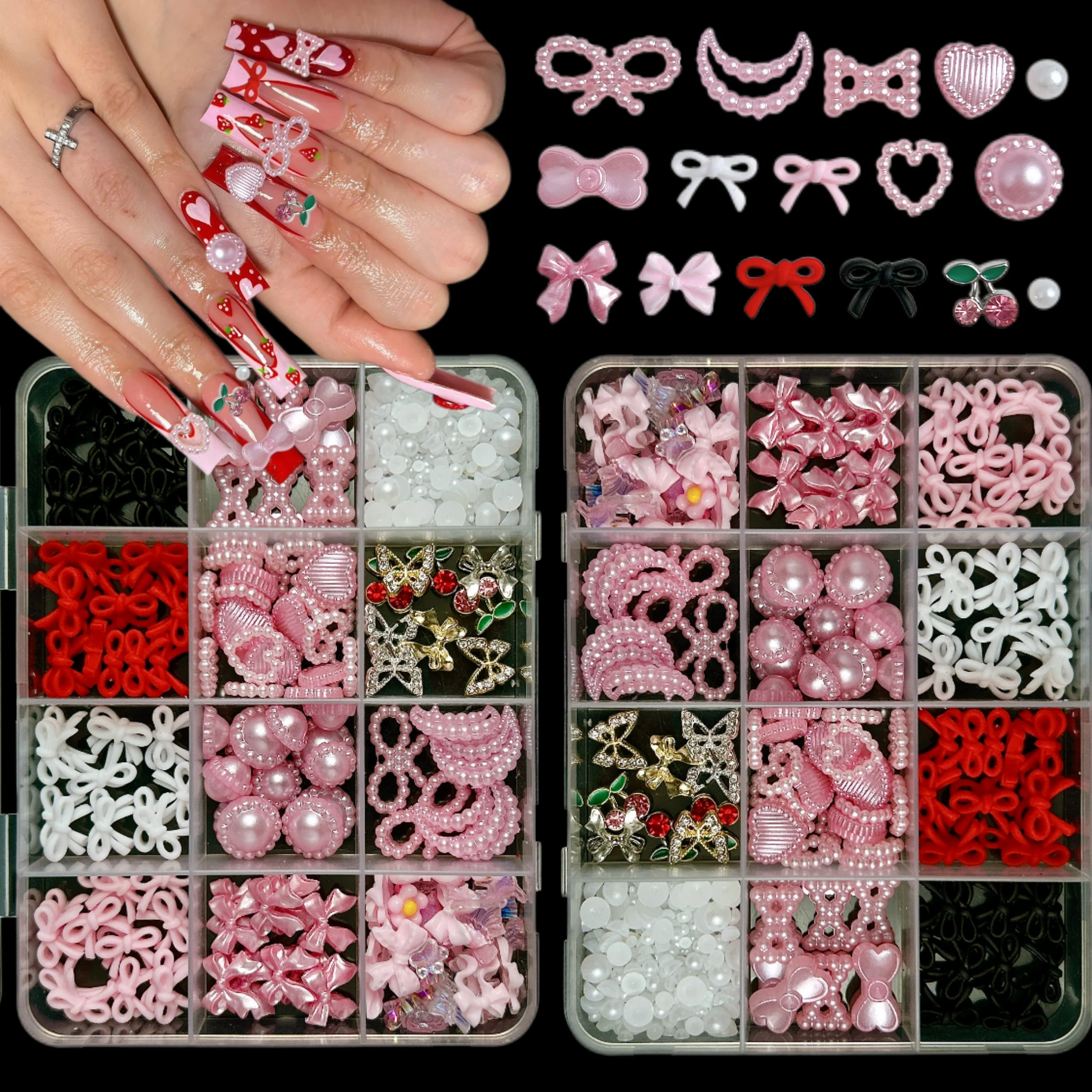 1Box Hollowed Realistic Pearl Heart Pentagram Nail Charms Sweet Wind Ribbon Bows Rainbow Mixed Resin Nail Art Decorations DIY