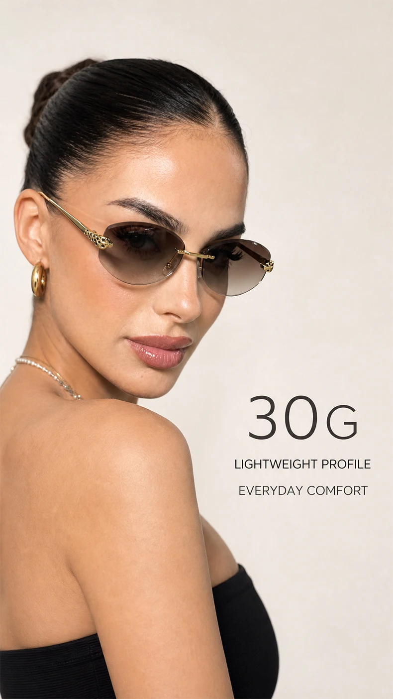 Vintage Sechseckige Randlose Sonnenbrille für Damen 2026 Luxusmarke Trendige Goldene Leopardenkopf Y2K Punk Sonnenbrillen Reise-Eyewear – Detail 7