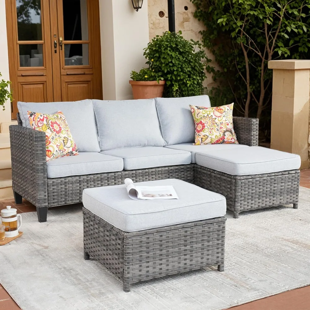 Outdoor Furniture 3 Pieces Patio Furniture Set Sectional Conversation Set All Weather Wicker Rattan Sofa Couch for Yard Porch