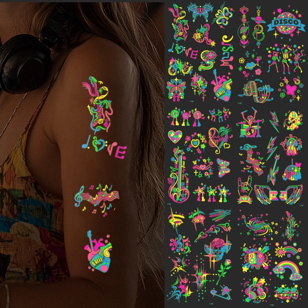 6pcs Luminous Music Festival Party Temporary Tattoo Stickers Neon Fluorescent Butterfly Guitar Musical note Face Body Tattoo