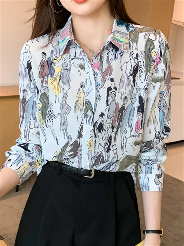 #3187 Chiffon Shirt Women Turn-down Collar Vintage Hand-Painted Printed Chiffon Shirt Long Sleeve Office Womens Tops And Blouses