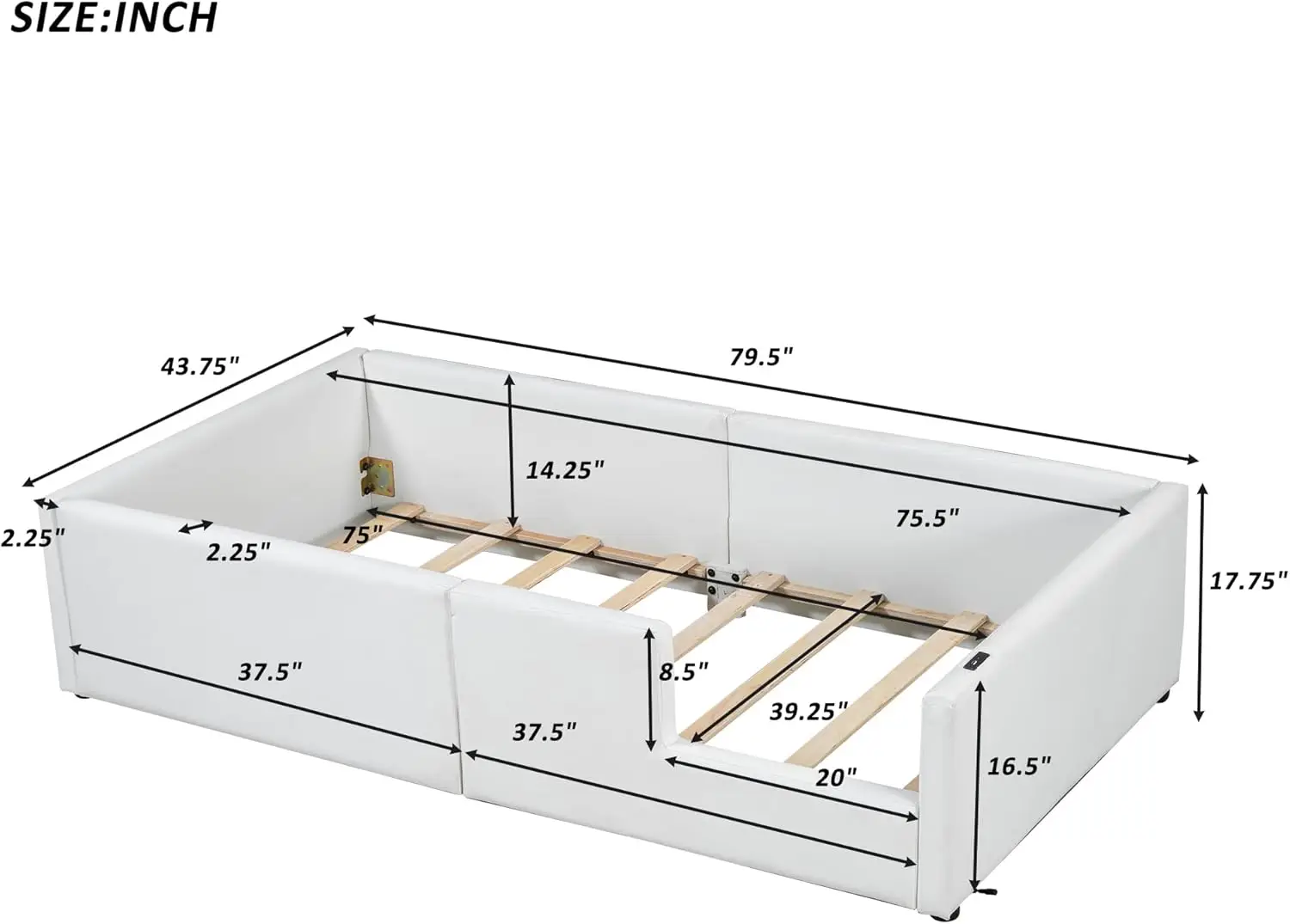 Merax Twin Size Kids Floor Bed With Guardrail And Charging Station, Pu Leather Upholstered Daybed Frame For Bedroom, Children'S