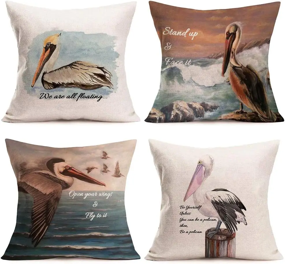 Cotton Linen Pillow Cover Pelican with Inspirational Quotes Decorative Pillowcase Cushion Cover Family Office Decorations