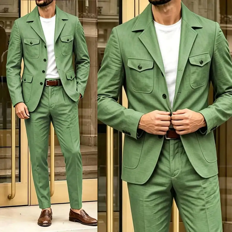 Men's Green Linen 2 Piece Suit Blend Casual Multi-Pocket Blazer Pants Set Single Breasted Business Jacket Wedding Customized