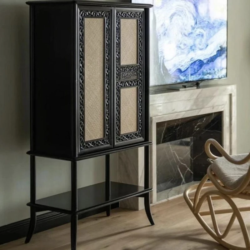 LTT French classical solid wood carving flower dining side cabinet retro entrance cabinet display locker against the wall