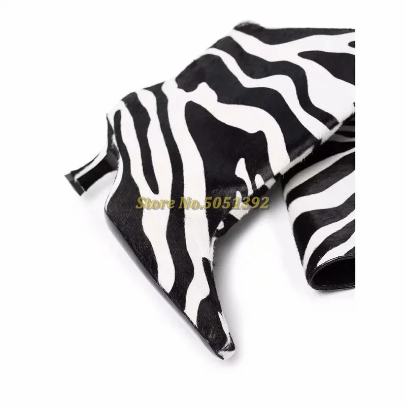 Zebra Pattern Knee High Medium Heel Boots Newest Fashion Pointy Toe Stiletto Heel Runway Dress Women Boots Slip On Boots - view 3