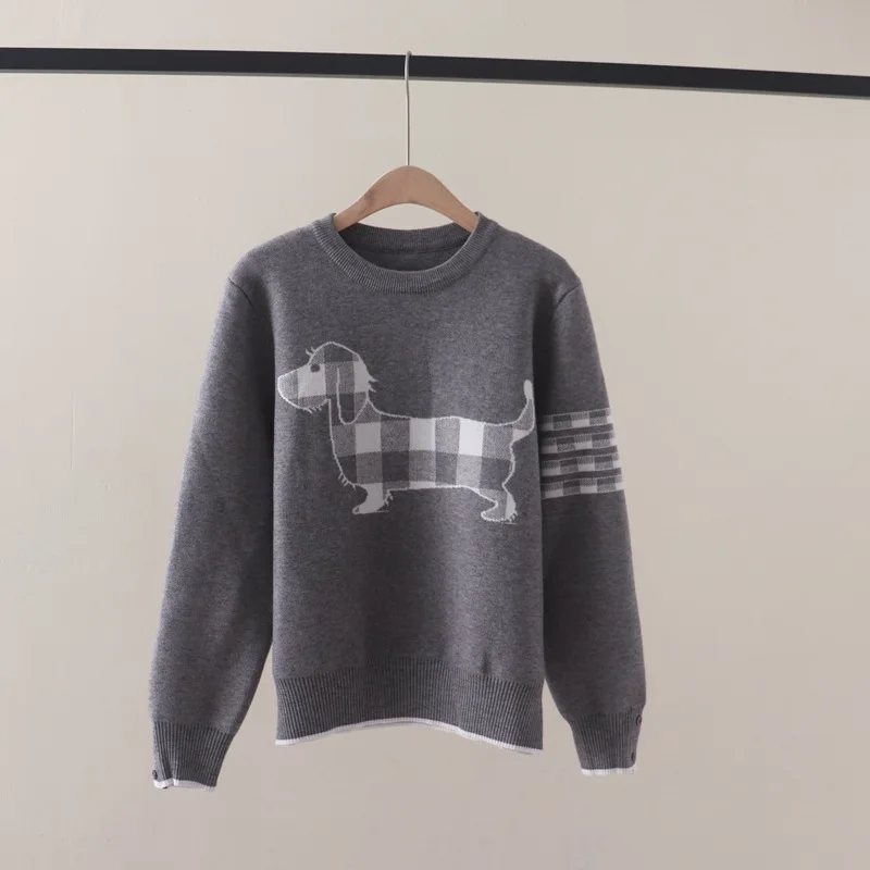 Gray Puppy Plaid Crew Neck Pullover Sweater Female Autumn and WintertbCasual Style Versatile Slimming Loose Sweater Top