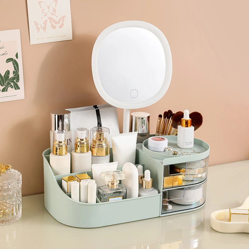 Makeup Storage Box With Mirror Desktop Dressing Table Makeup Mirror Cosmetics Jewelry Storage Box Touch Light Storage Organizer