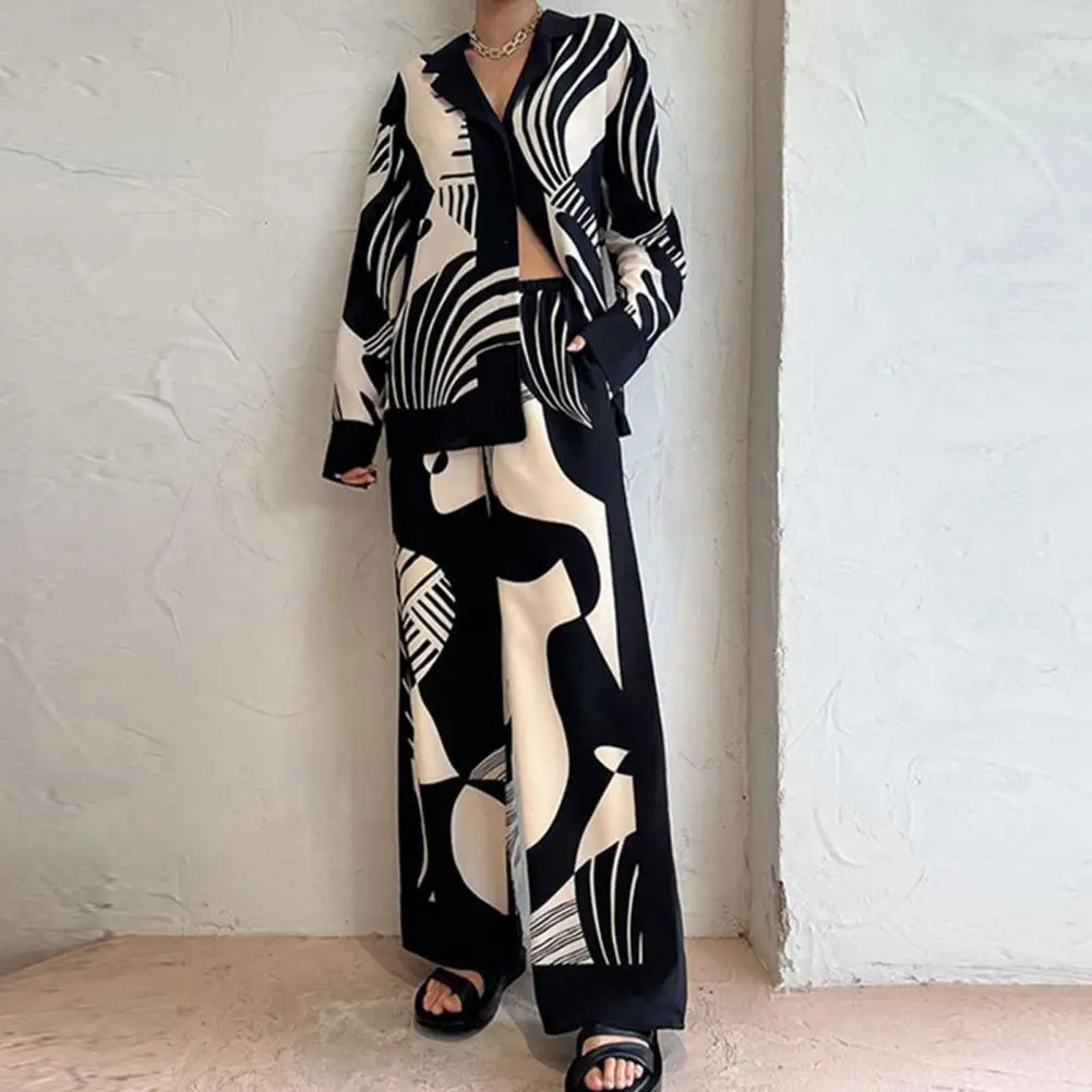 Fall Two Piece Set Stylish Women's Shirt Pants Set with Contrast Color Turn-down Collar Long Sleeve Top Wide Leg for Blouse