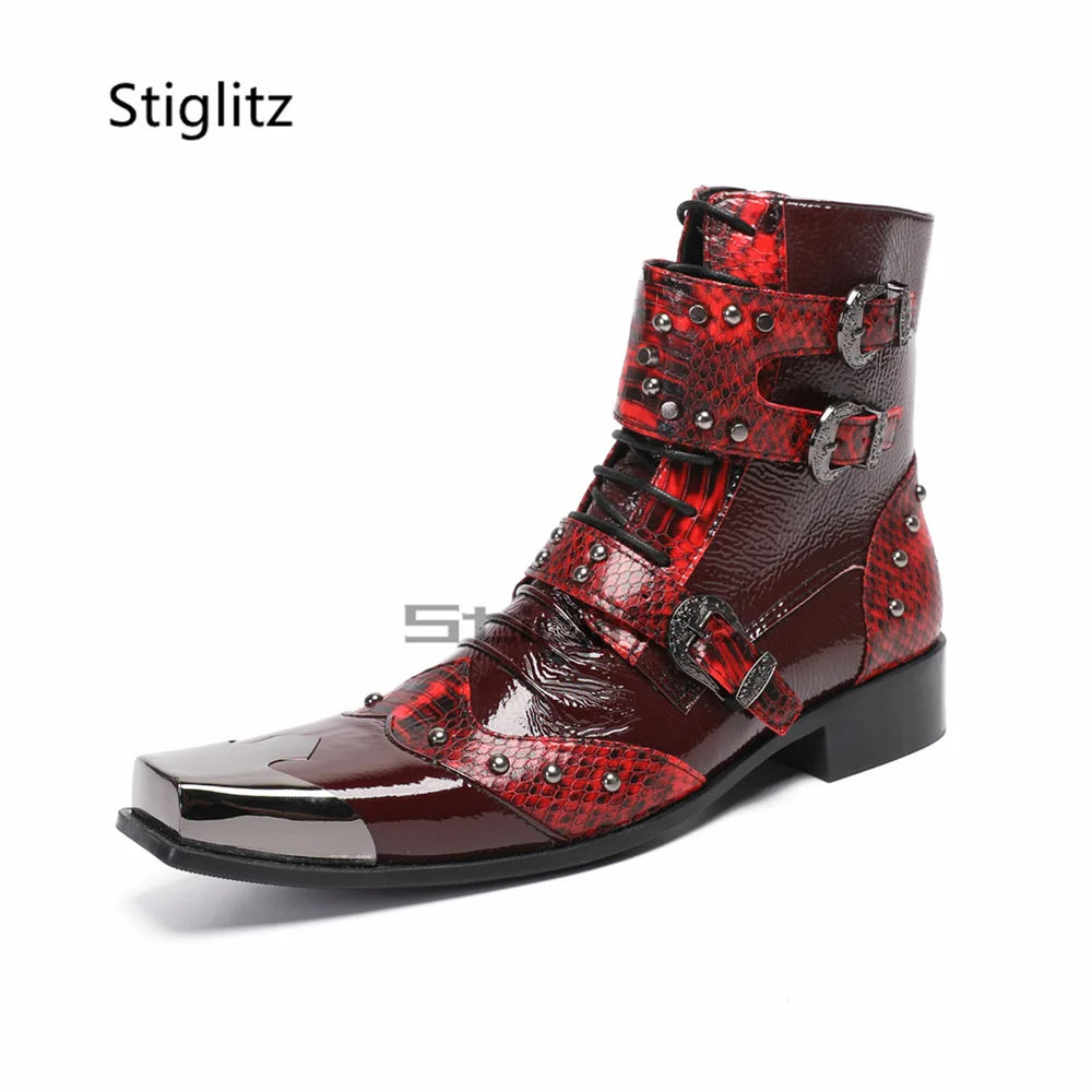 

Men's Metal Square Toe Rivet Belt Buckle Chelsea Boots Wine Red Genuine Leather Patchwork Zipper Short Boots Punk Dress Shoes