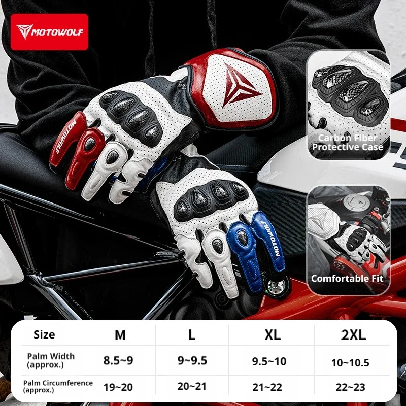 MOTOWOLF Leather Motorcycle Riding Gloves Long Cuff Protective Knuckles Perforated Motorbike Racing Waterproof Gloves