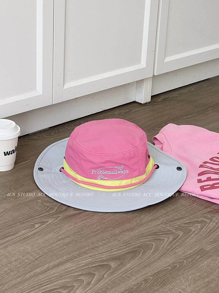 Spring new outdoor drawstring bucket hat female Korean version contrasting color mountaineering camping big eaves sun hat
