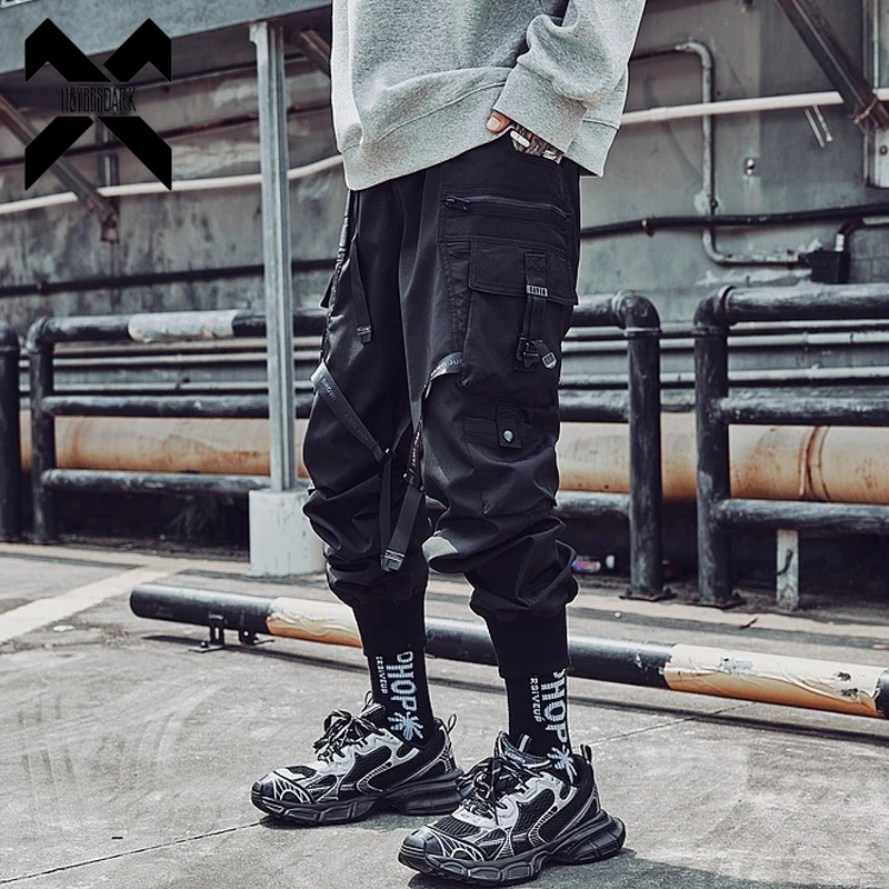 Hip Hop Tactical Cargo Pants Men Ribbons Joggers Trousers 2023 Autumn Functional Elastic Waist Pant Fahsion StreetwearTechwear