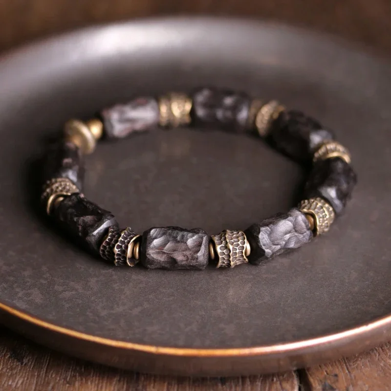 

Hand Processed Strip Ebony Bracelet Do Old Hammered Copper Concave Convex Texture Black Wood Jewelry Men Women Individual Bangle