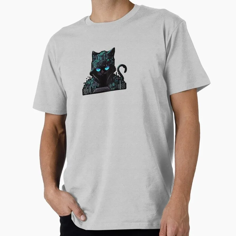 Black Cat Hacker Funny Linux Operating System Graphic T‑Shirt Casual Short Sleeve Tees Geek IT Developer Fan Gift Tops S-6XL