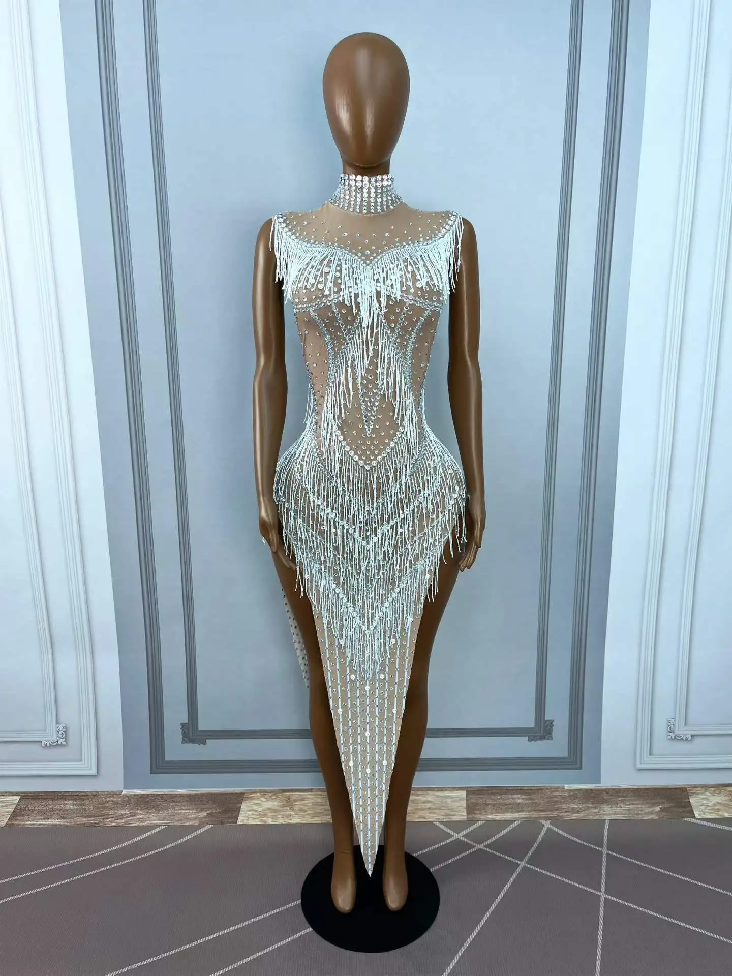 Sexy Elegant Designed Twinkling Rhinestones Tassels High Split Dress Party Evening Exquisite Gown Red carpet Show Stage Wear view 6