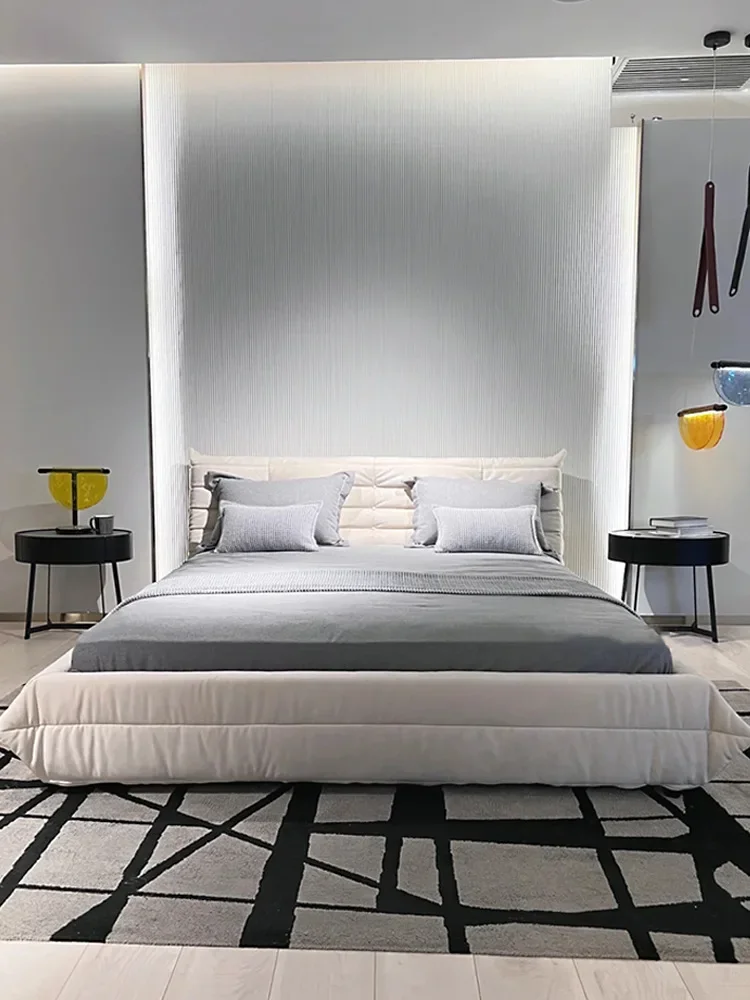 

Italian, minimalist, cream, wabi, matte, technology, cloth bed, fabric, master bedroom, double, caterpillar, modern simplicity