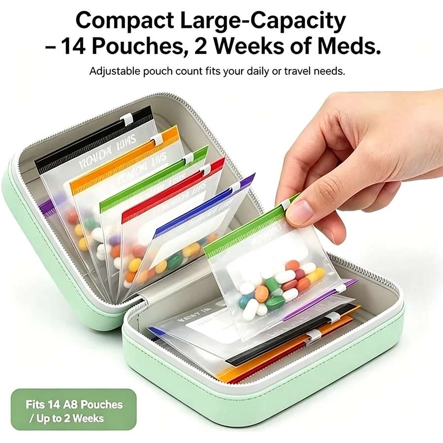 Waterproof Pill Pouch Set – 14 Color-coded Pouches, Writable Labels – for Daily Medication, Vitamins & Supplements