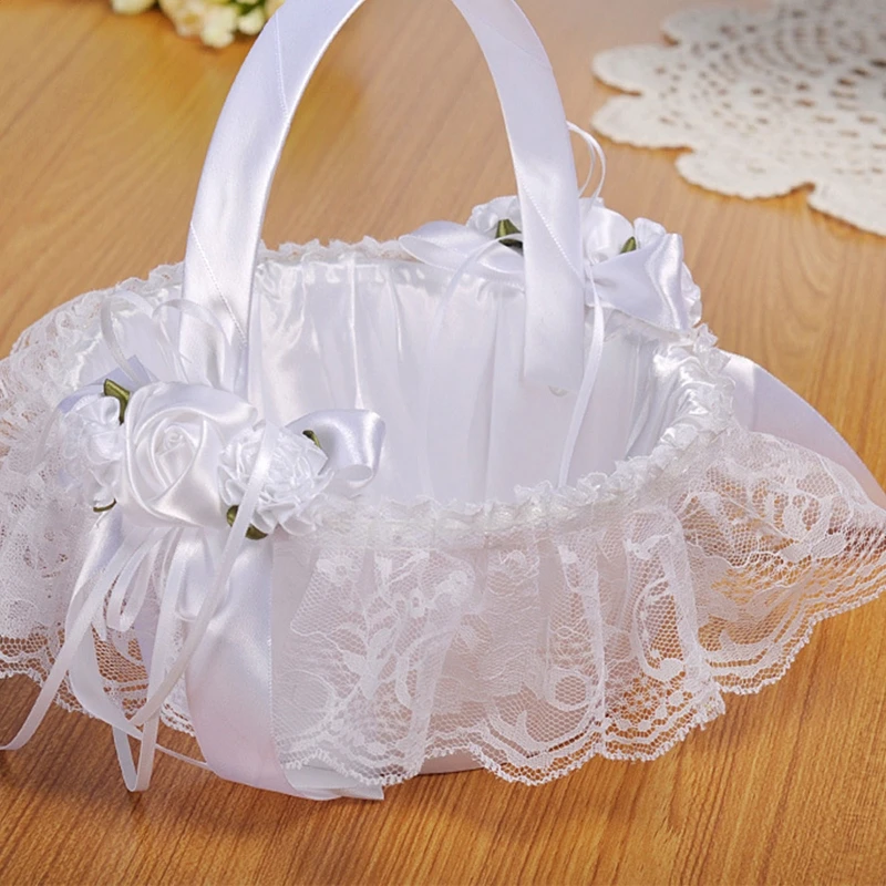 Lace Bowknot Flower Basket Party Home Decor-gift Woven Flower Girl Basket Hand-held Basket Elegant Wedding Supplies