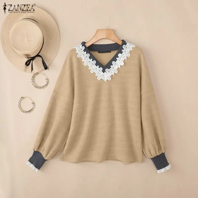 

2026 Spring Lace Patchwork Blouse ZANZEA Women Stylish Knitted Sweater Tops Elegant V Neck Long Sleeve Work Shirt Pullover Mujer